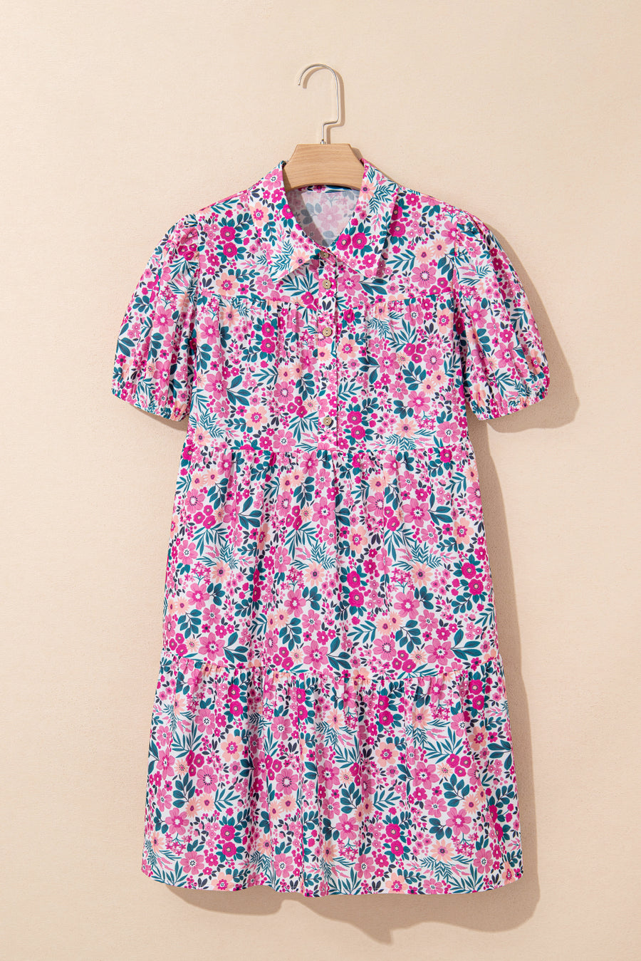 Pink Multi Floral Button-Up Puff Sleeve A-Line Mini Dress