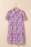 Pink Multi Floral Button-Up Puff Sleeve A-Line Mini Dress