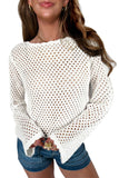 Yellow Cream Scalloped Trim Hollow Out Knit Long Sleeve Top