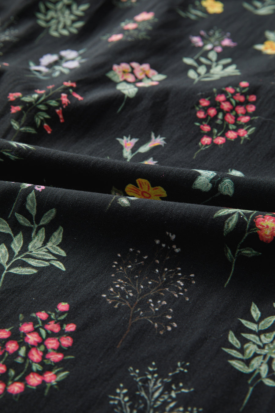 Black Floral Contrast Trim Frilled Neck Ruffled Short Sleeve Blouse