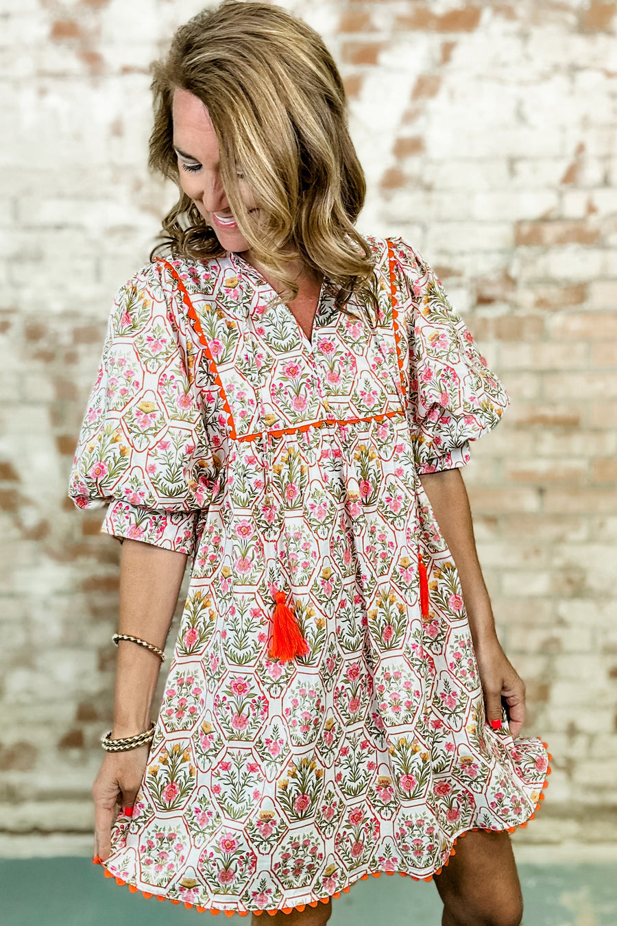 Pink Floral Print Tassel Tie V-Neck Scalloped Detail Loose Mini Dress
