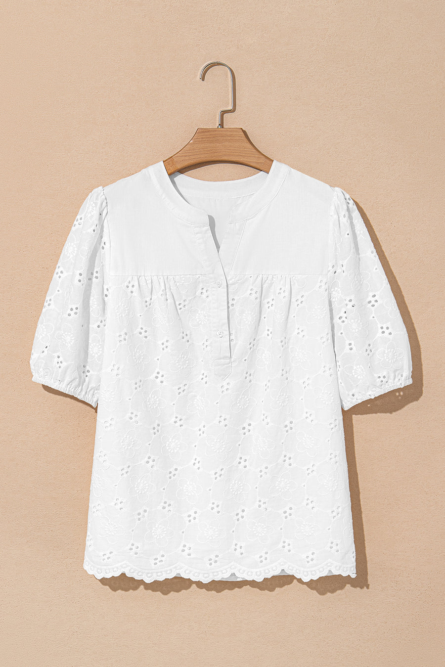 V-Neck Short Sleeve Eyelet Button-Up Blouse- 3 Colors