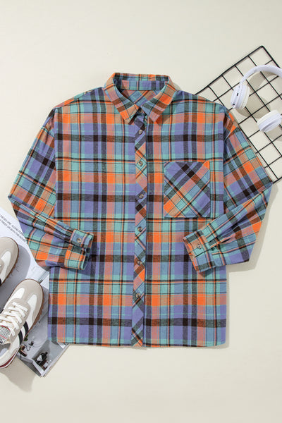 Red Plaid Print Drop Sleeve Loose Shirt Shacket