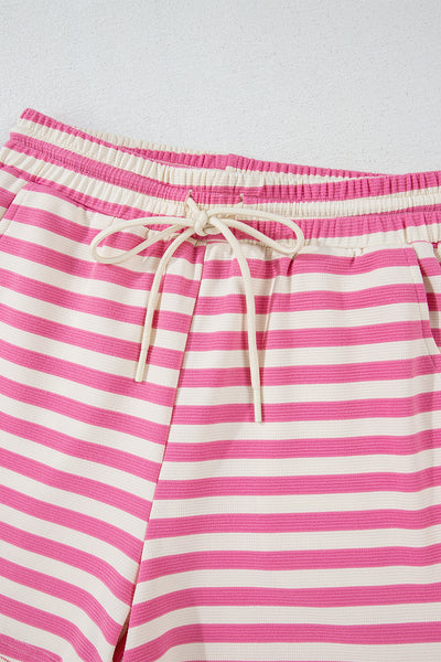 Pink Striped Crew Neck T-Shirt and Drawstring Shorts Set
