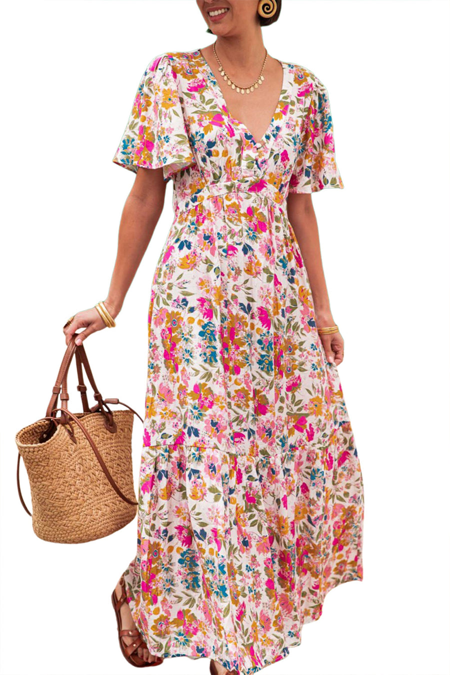 Multicolored Floral Short Sleeve V-Neck High Waist Maxi Dress