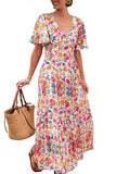 Multicolored Floral Short Sleeve V-Neck High Waist Maxi Dress
