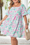 Plus Size White Floral Print Ricrac Trim Square Neck Mini Dress