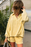 Butter Yellow Button-Up Collared Drop Shoulder Sweatshirt and Shorts Set
