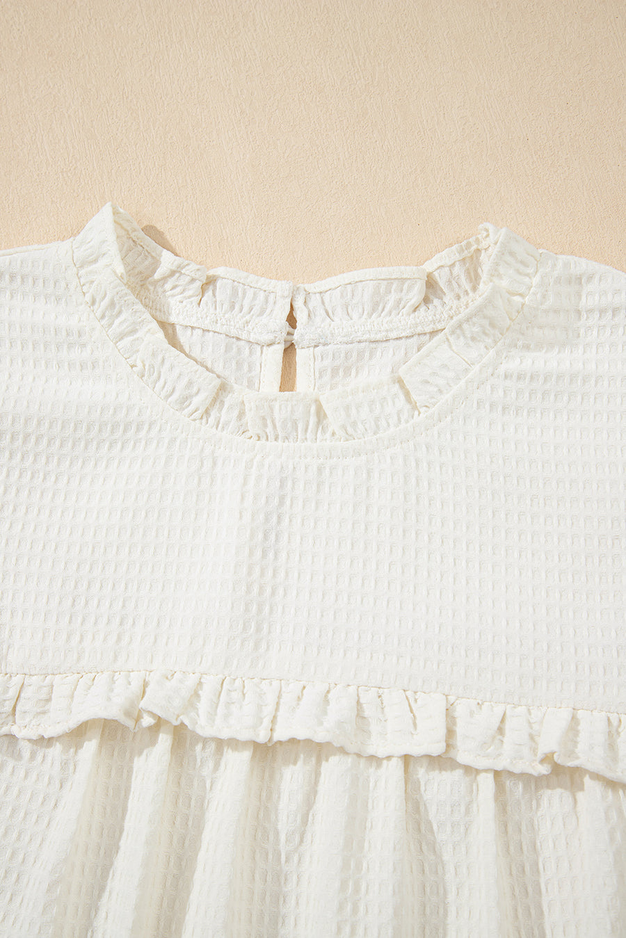White Ruffle Trim Waffle Textured Short Sleeve Blouse