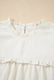 White Ruffle Trim Waffle Textured Short Sleeve Blouse