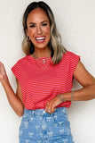 Striped Ribbed Cap Sleeve Crew Neck T-Shirt- 2 Colors