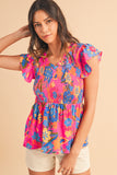 Neon Pink Floral Frill V-Neck Smocked Peplum Blouse