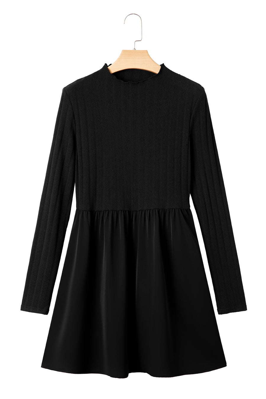 Black Frilled Neck Ribbed Knit Patchwork Long Sleeve Mini Dress