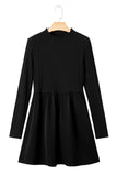 Black Frilled Neck Ribbed Knit Patchwork Long Sleeve Mini Dress
