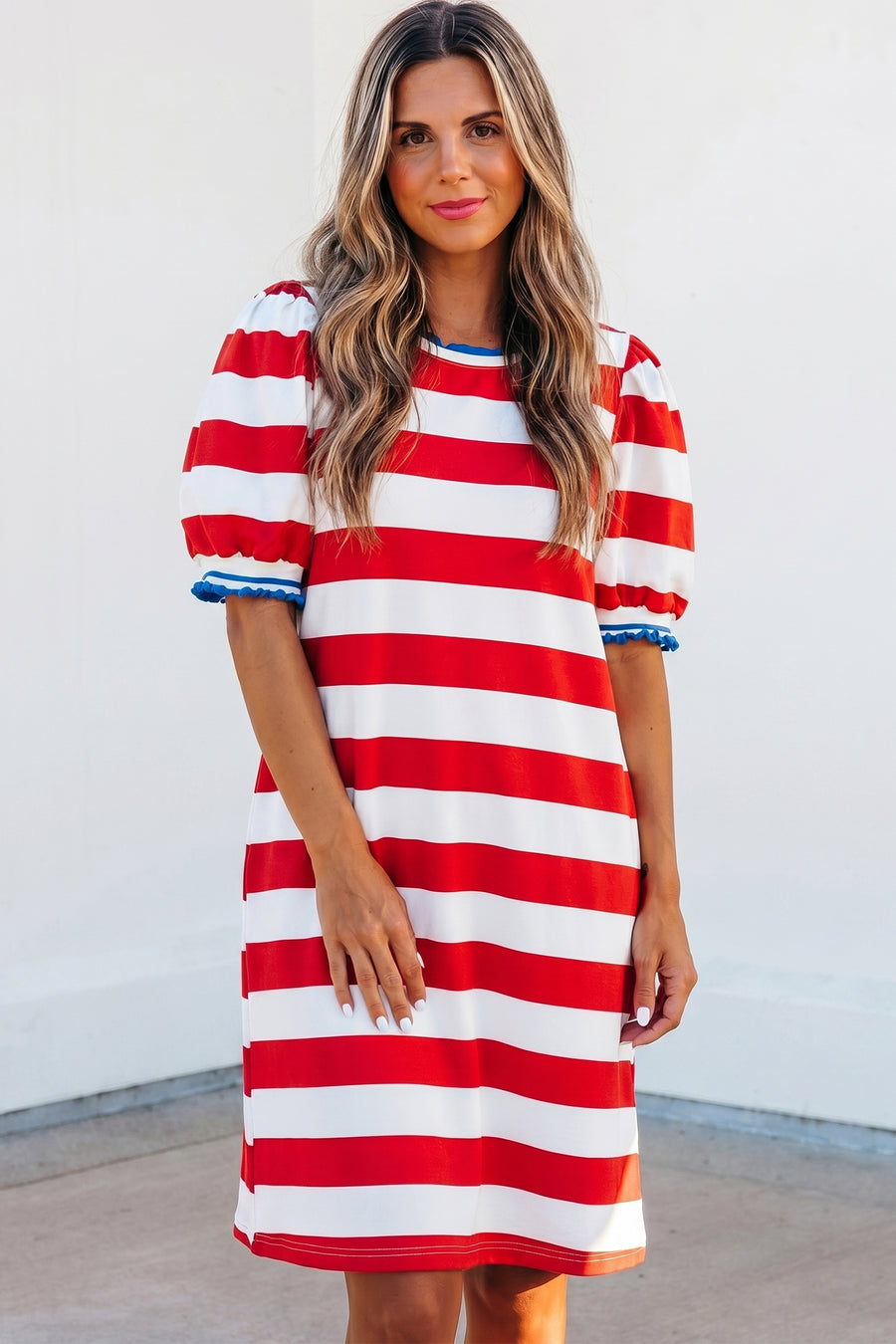 Striped Contrast Trim Crew Neck Short Puff Sleeve Shift Mini Dress- 2 Colors