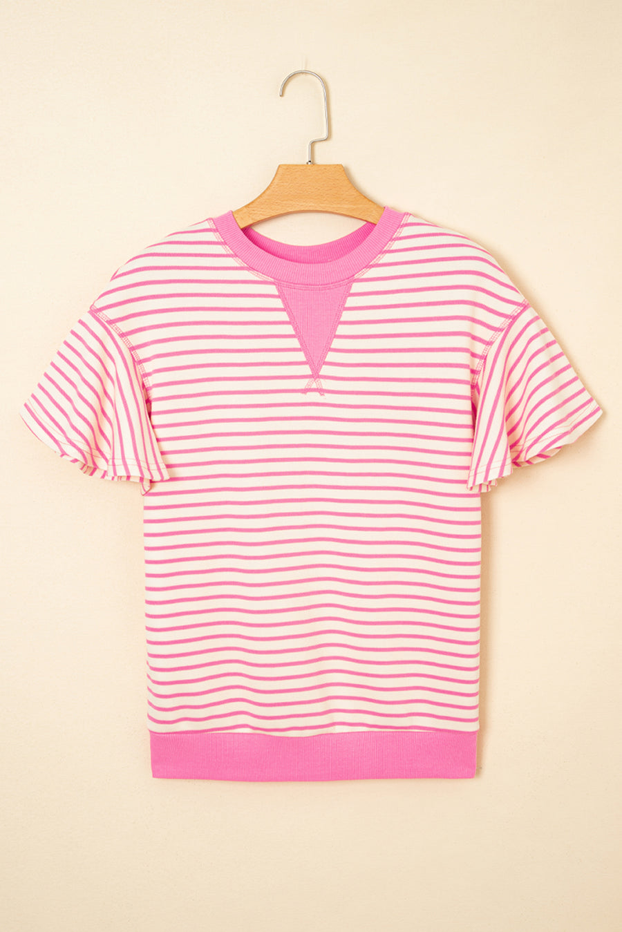 Striped Ruffle Sleeve Crew Neck T-Shirt- 3 Colors