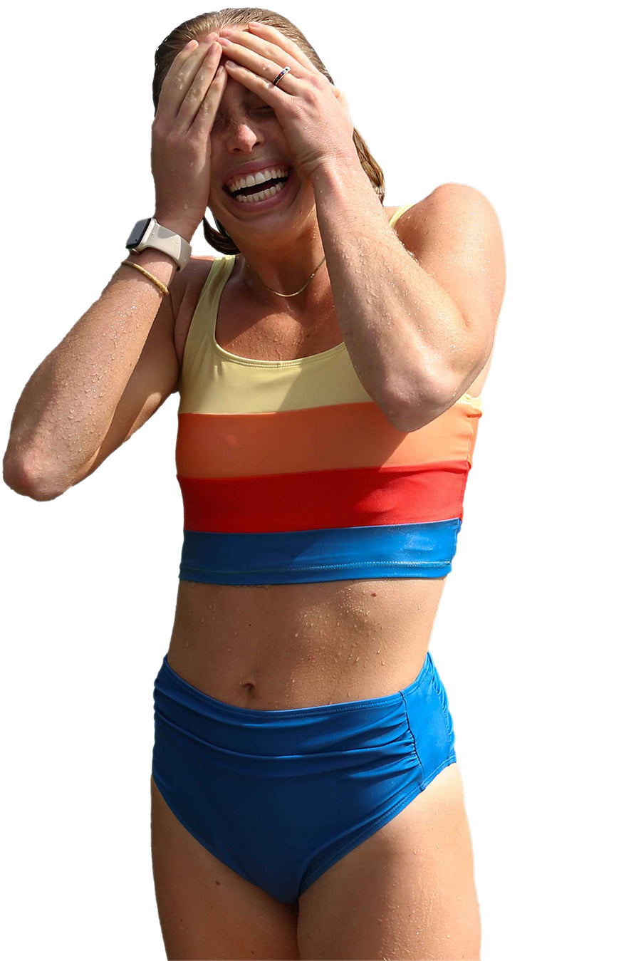 Color Block Pleated High-Waisted Tankini