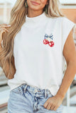 White Mock Neck Short Sleeve American Print Cherries Graphic T-Shirt