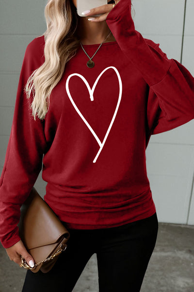 Red & White Scribble Heart Print Bishop Sleeve Graphic T-Shirt