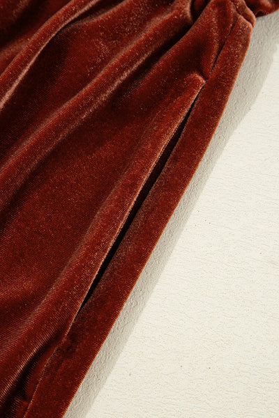 Clay Elastic V Neck Puff Sleeve Flowy Velvet Dress