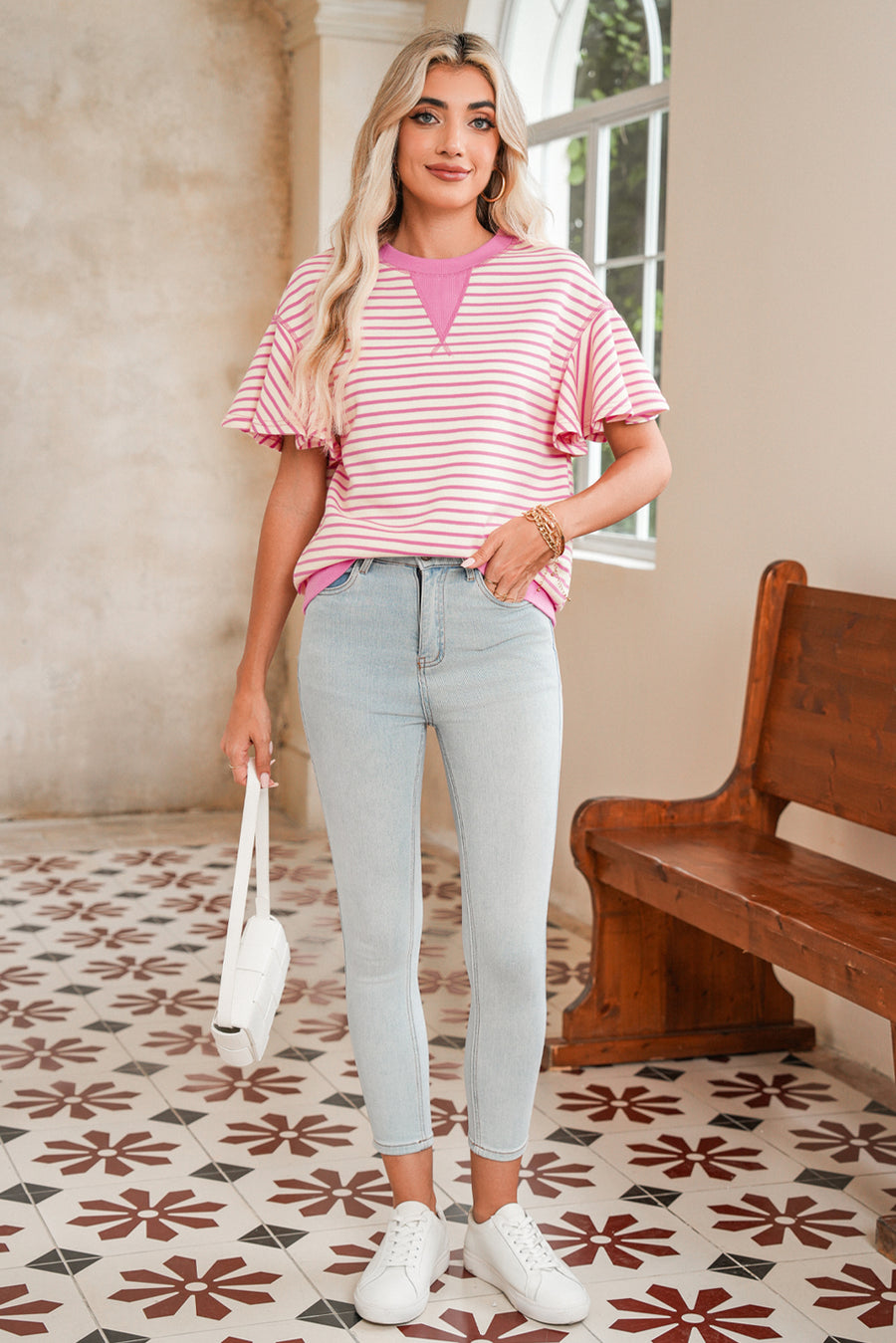 Striped Ruffle Sleeve Crew Neck T-Shirt- 3 Colors