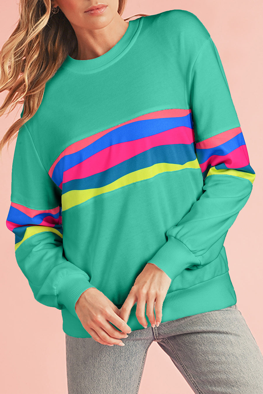 Green Multicolored Wavy Striped Crew Neck Long Sleeve Top- 2 Colors