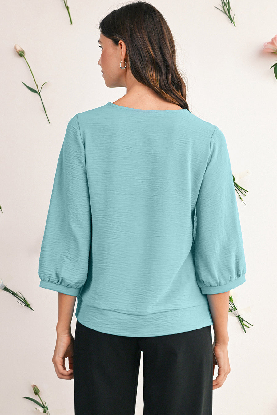 Frill V-Neck Lantern Sleeve Crinkled Blouse- 3 Colors