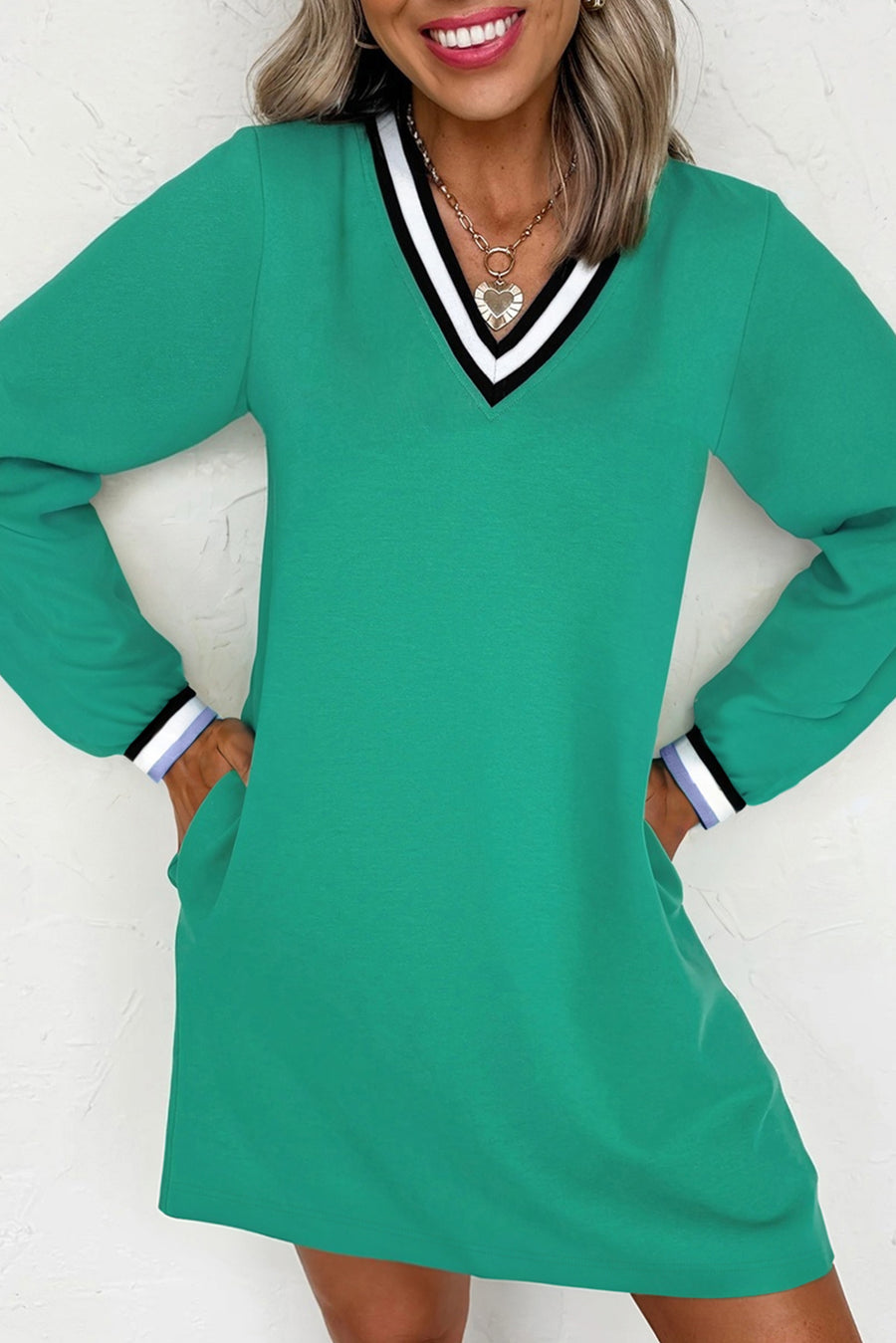 Green Contrast Striped V-Neck Long Sleeve T-Shirt Dress with Pockets