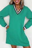 Green Contrast Striped V-Neck Long Sleeve T-Shirt Dress with Pockets