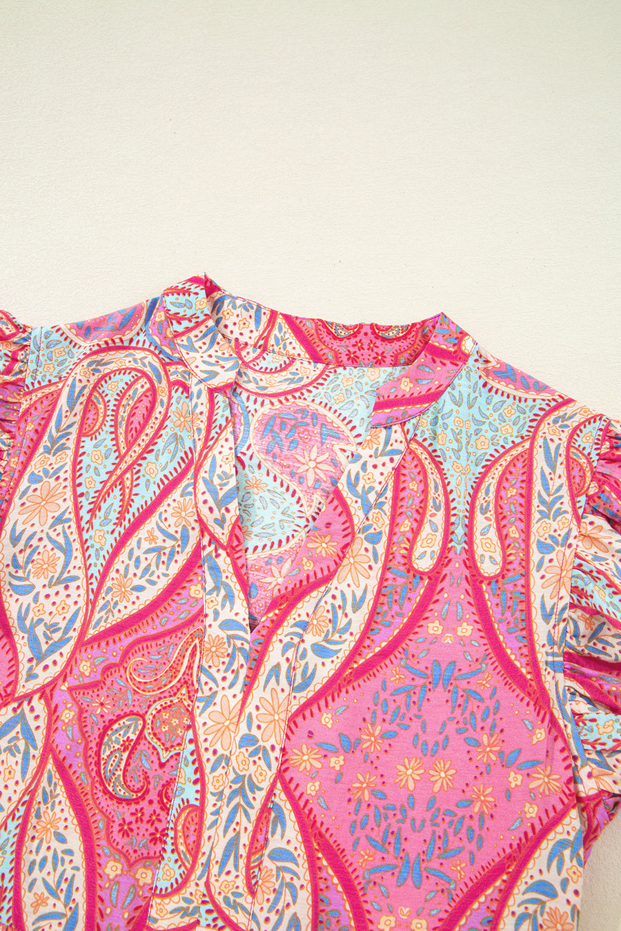 Pink Multi Floral Paisley Ruffle Sleeve Notch Neck Midi Dress