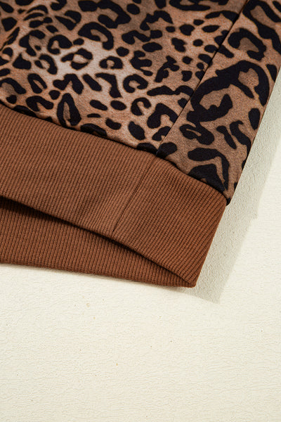 Coffee Allover Leopard Print Contrast Trim Long Sleeve Top and Pants Set