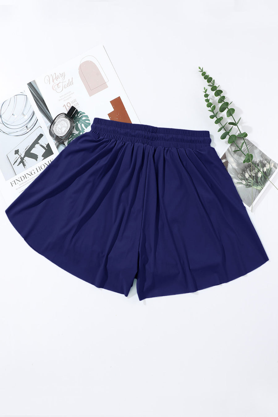 Navy Blue Drawstring Elastic Waist Built-In Brief Swim Shorts