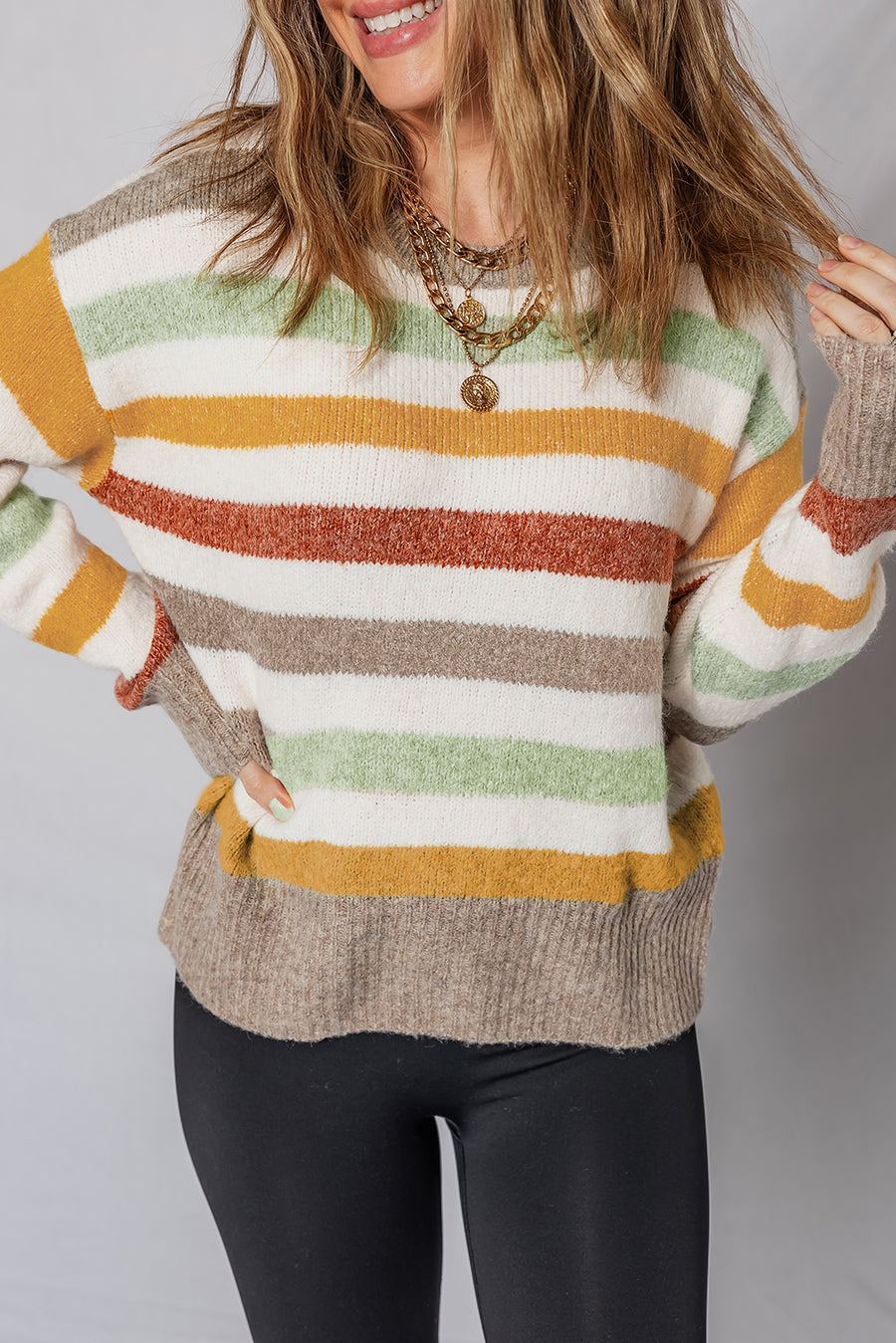 Cream Multi Color Block Drop Shoulder Crew Neck Sweater