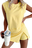 Yellow Cream Solid Color Washed Sleeveless Top Split Skort Cotton 2pcs Outfit