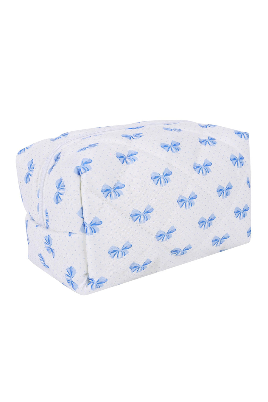 Blue & White Bow Print Quilted Zip-Up Makeup Bag