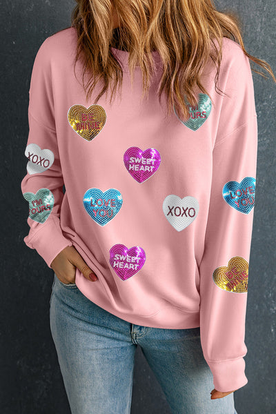 Pink Sequin Hearts Patchwork Drop Shoulder Crew Neck Sweatshirt 2