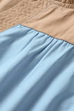 Sky Blue Color Block Ruffled Sleeve Frill V-Neck Short Sleeve Blouse