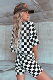 Black Checkered Print V Neck Pocketed Pajama Set