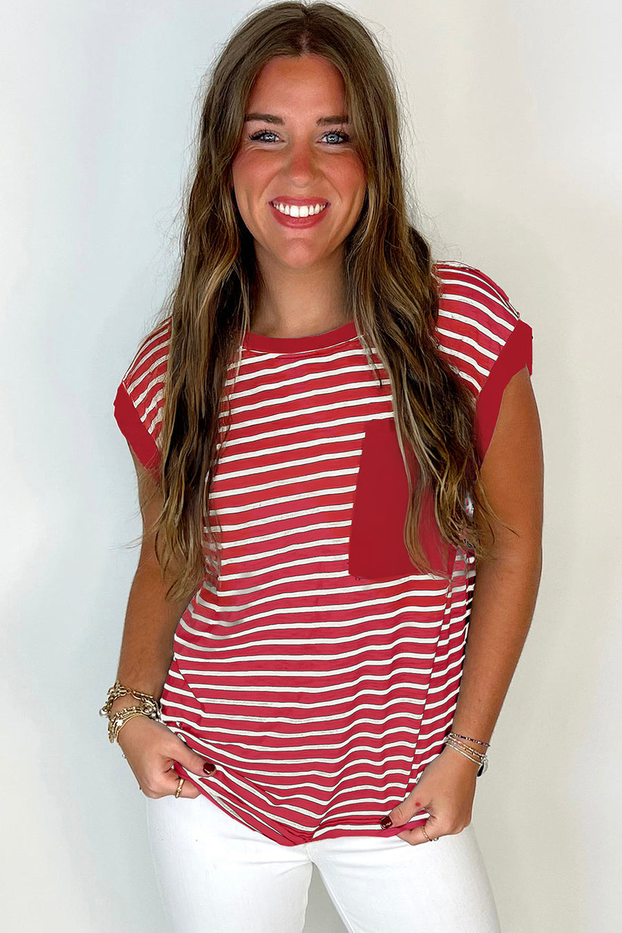 Striped Chest Pocket Crew Neck Muscle Tee- 2 Colors