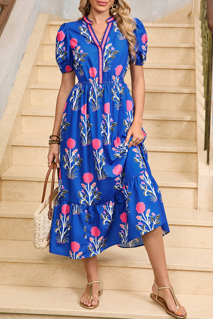 Floral Ruffle Hem Contrast Trim Neckline Midi Dress- 3 Colors