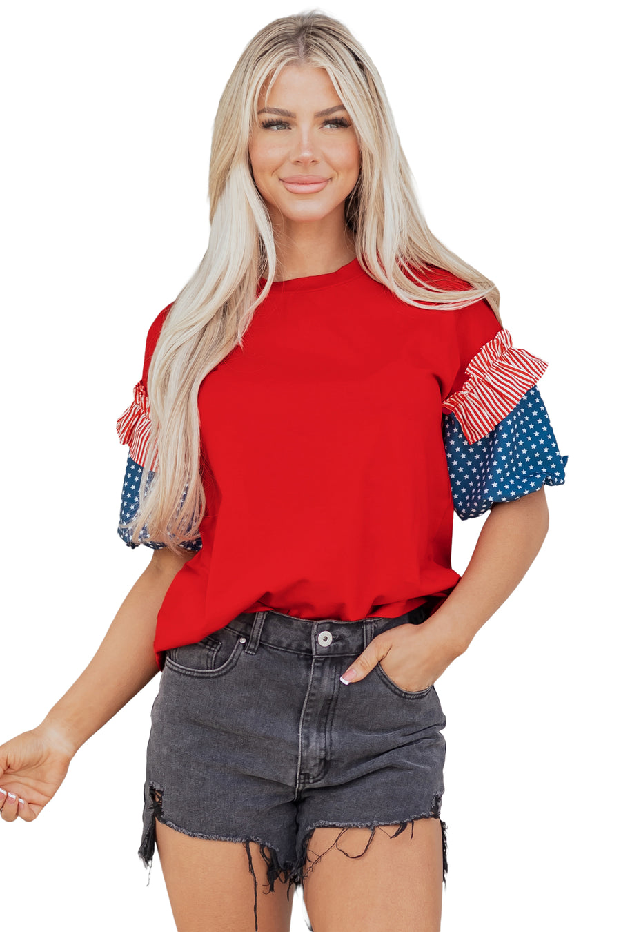 Stars and Stripes Contrast Puff Sleeve Top- 2 Colors