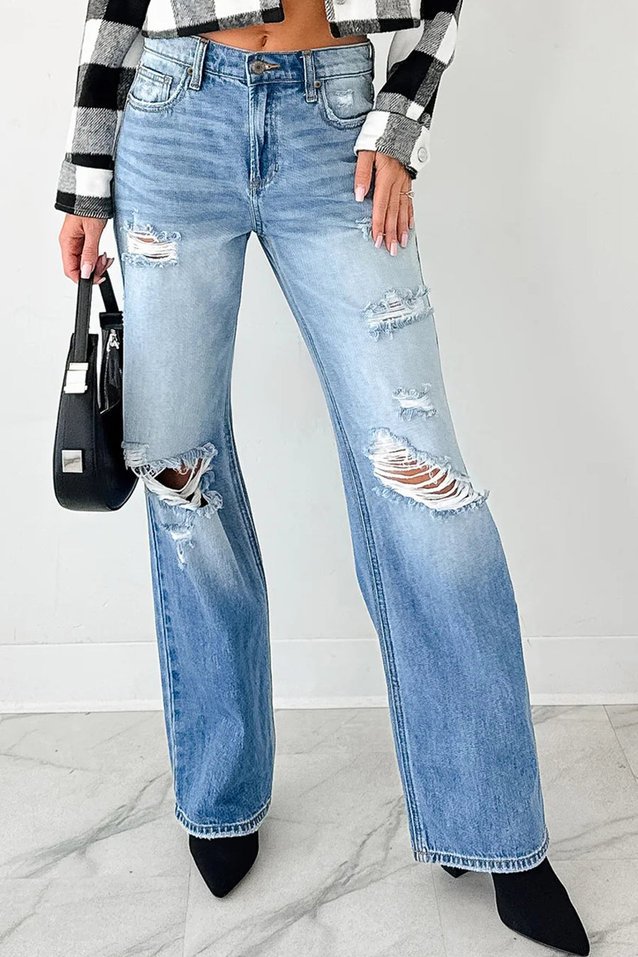 Medium Blue Mid-Rise Distressed Straight Leg Jeans
