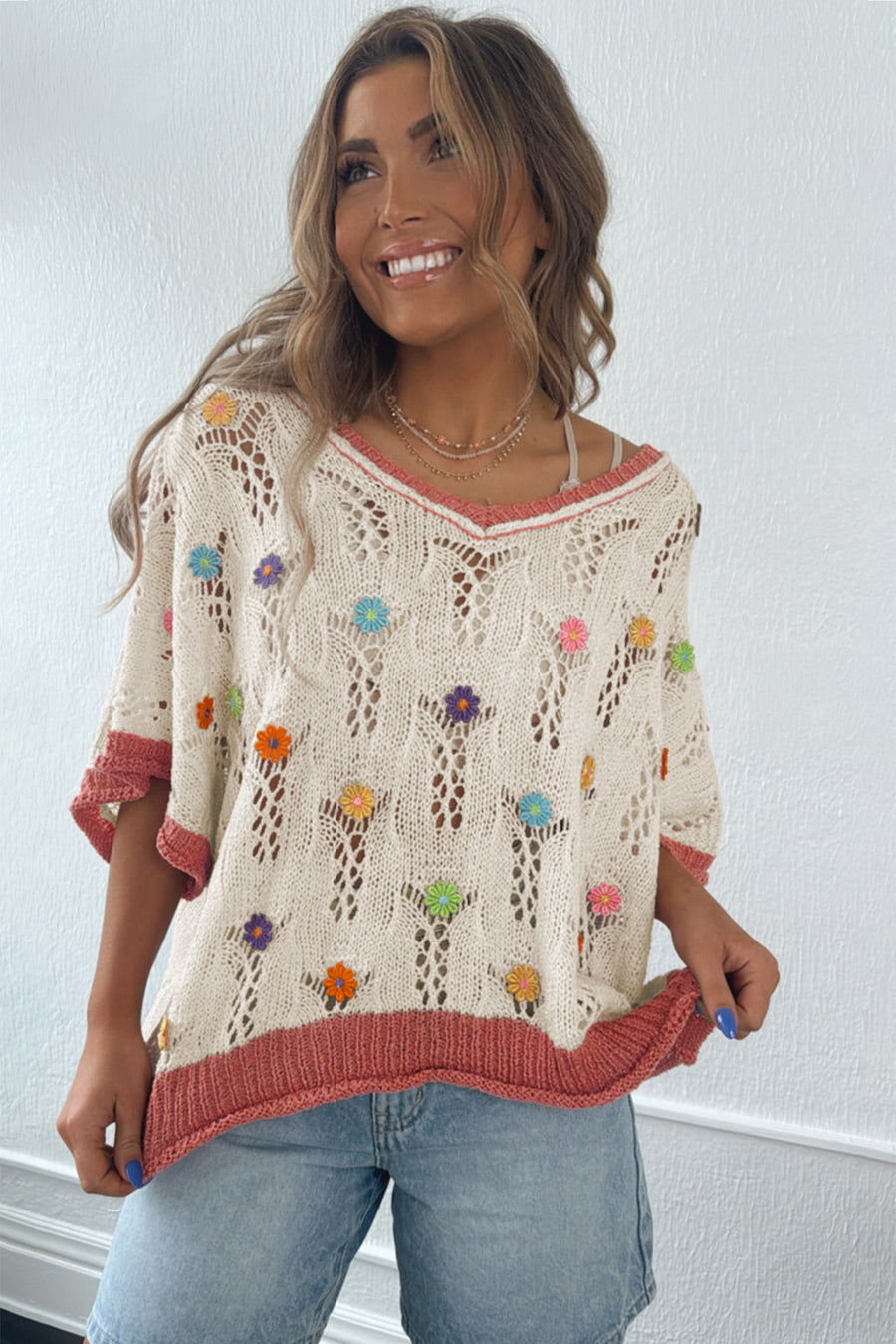 Ivory Floral Crochet Contrast Trim Knit Sweater