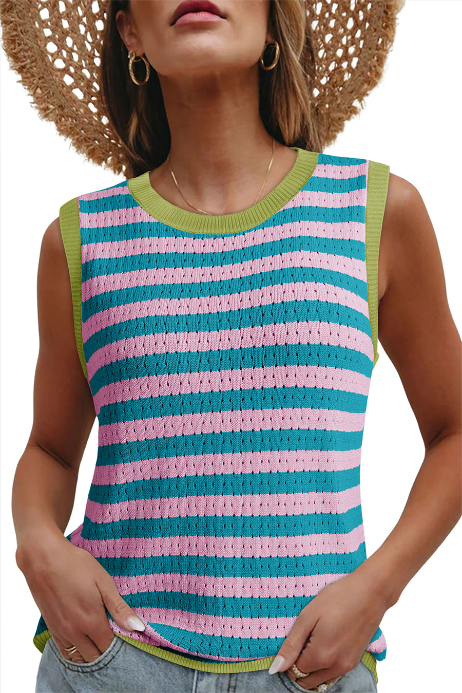 Striped Contrast Trim Sleeveless Sweater Vest- 3 Colors