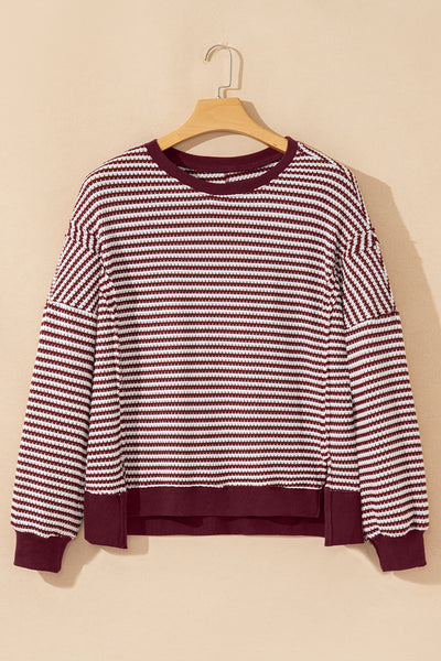 Striped Ribbed Exposed Seam Long Sleeve Oversized Top- 3 Colors