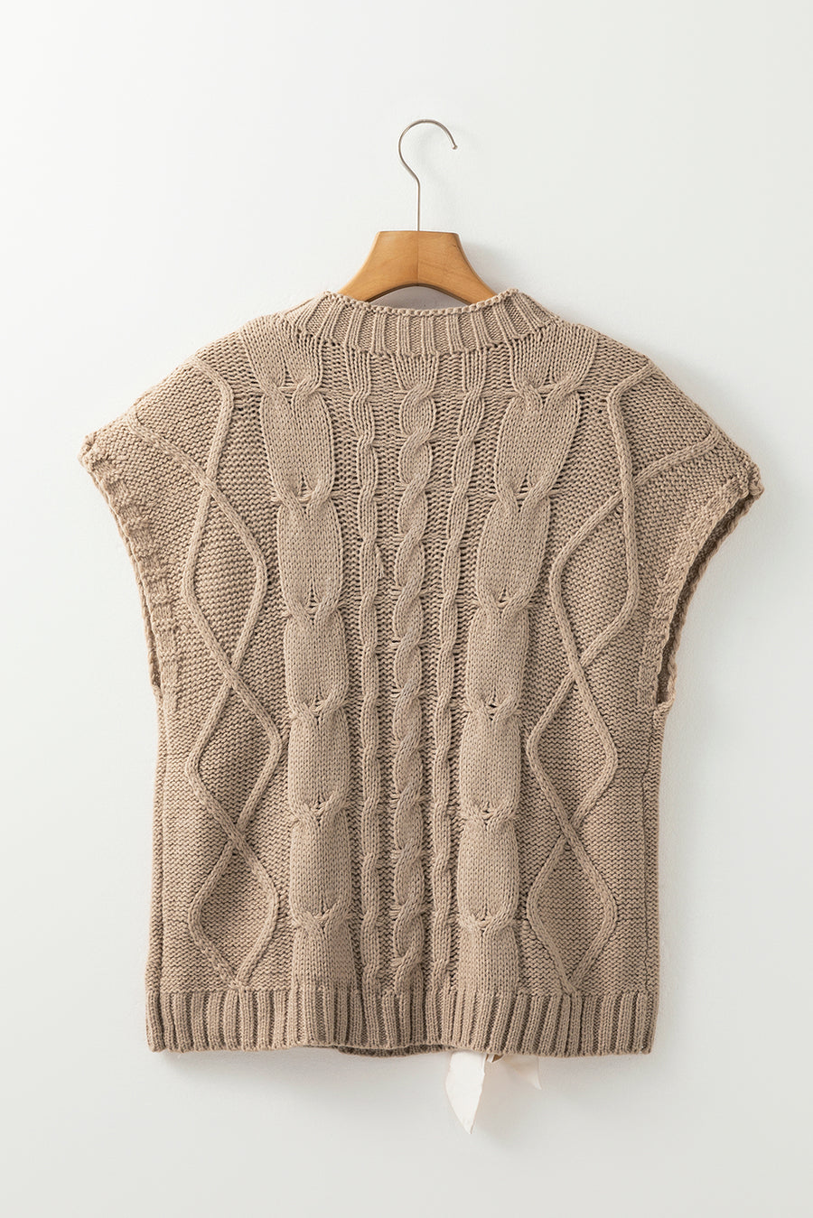 Taupe Satin Ribbon Lace-Up Short Sleeve Cable Knit Sweater