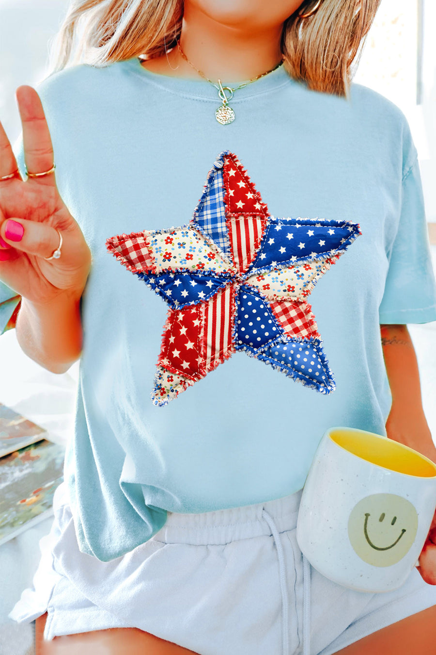 Light Blue Faux Patchwork American Star Graphic T-Shirt