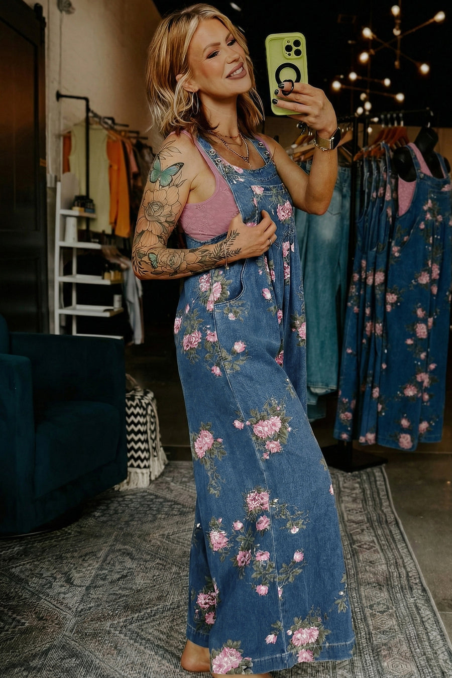 Floral Print Pleated High-Waist Wide Leg Denim Overalls- 3 Colors