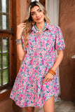 Pink Multi Floral Button-Up Puff Sleeve A-Line Mini Dress