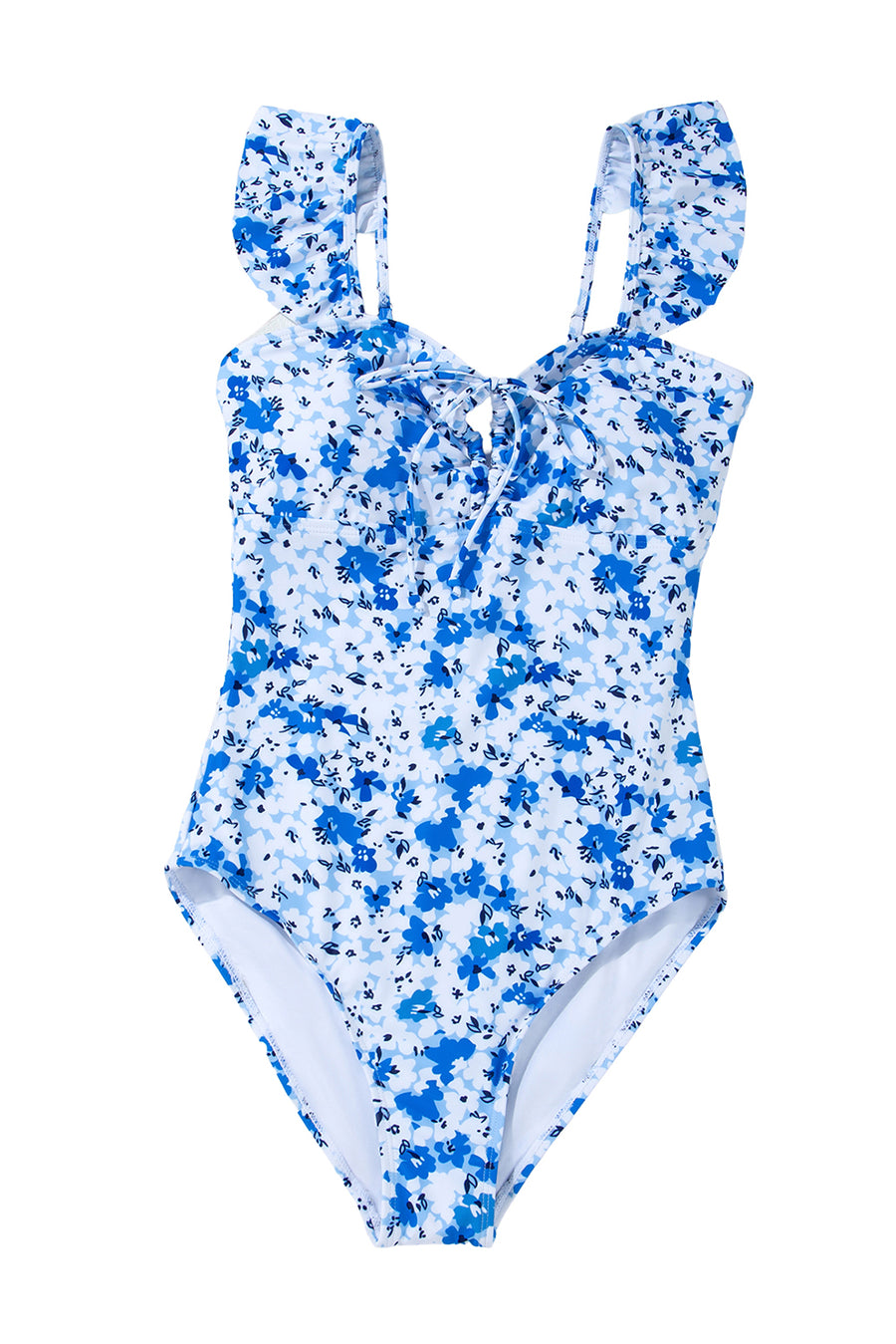 Blue Multi Floral Ruffled Strap Lace-Up Keyhole One-Piece Swimsuit B